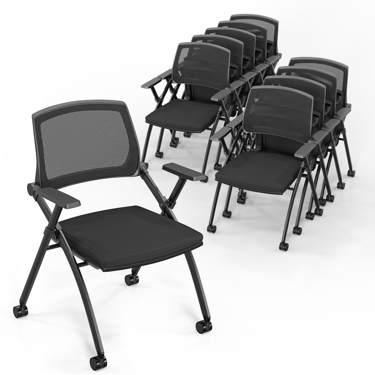 VINGLI 10 Pack Stackable Conference Room Chairs with Wheels, Folding Office Chair with Rebound Back, Padded Seat for Training Room, Guest, Reception, Event, Capacity 350lbs, Black