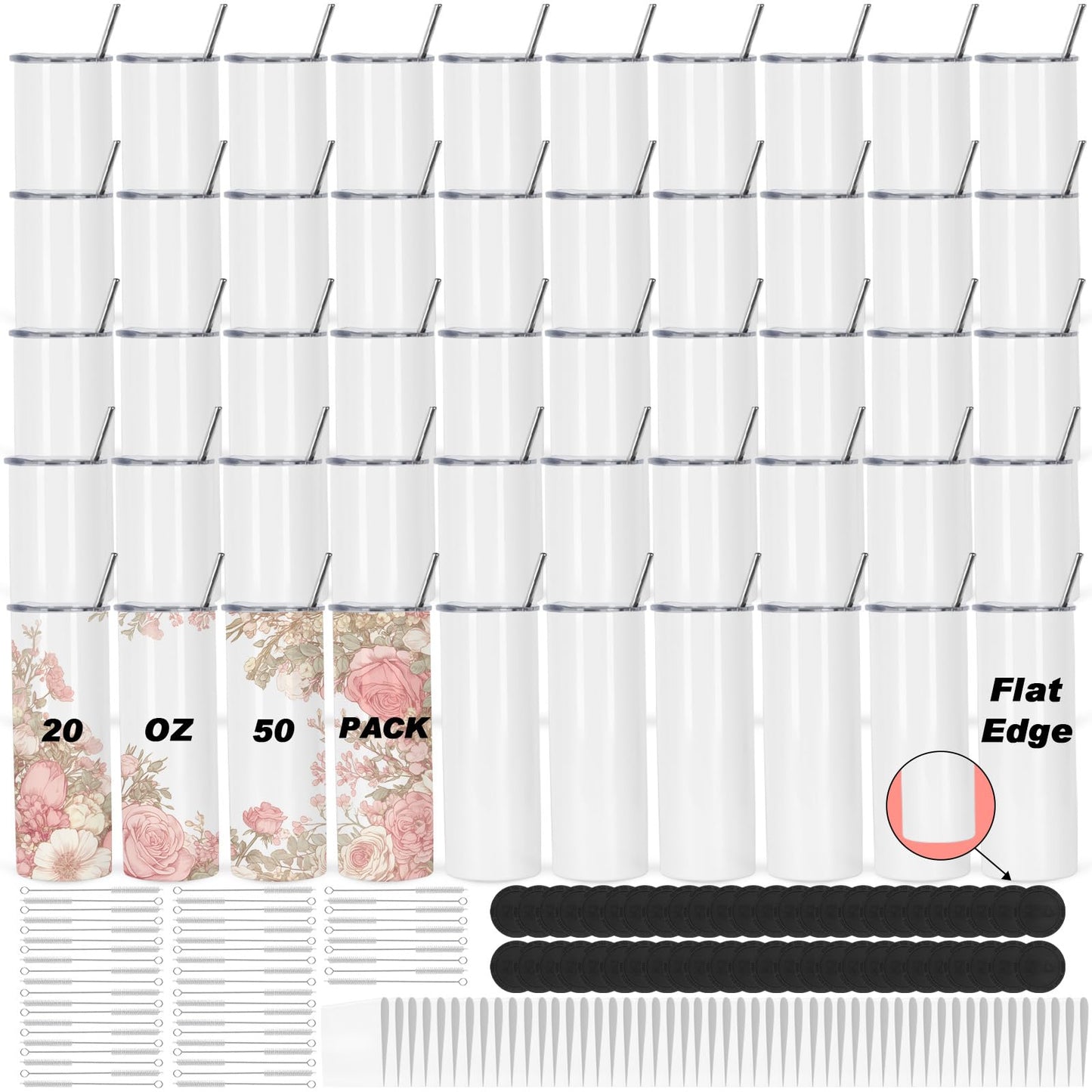 Muwnrol 50 Pack 20 Oz Sublimation Tumblers Bulk, Sublimation Tumbler Stainless Steel Double Wall Vacuum Insulation Cup, Sublimation Cups with Straw, Individually Box (Flat Edge)