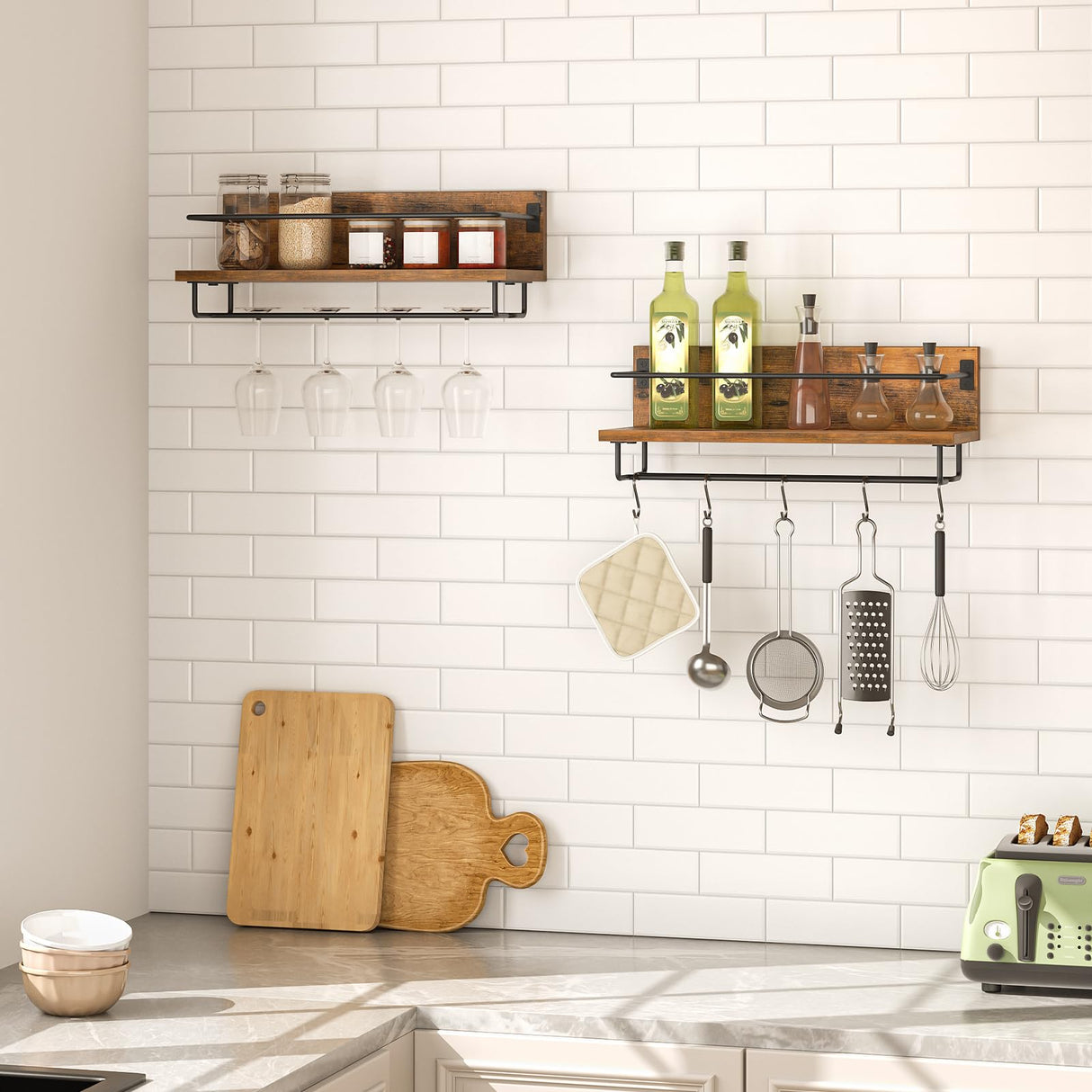 HOOBRO Wall Mounted Wine Rack 2 Pack, Wine Shelf Hanging Floating Wall Shelves, Wine Glass Bottle Rack Stemware Holder, for Living Room, Dining Room, Kitchen, Rustic Brown and Black BF28BJ01 HOOBRO