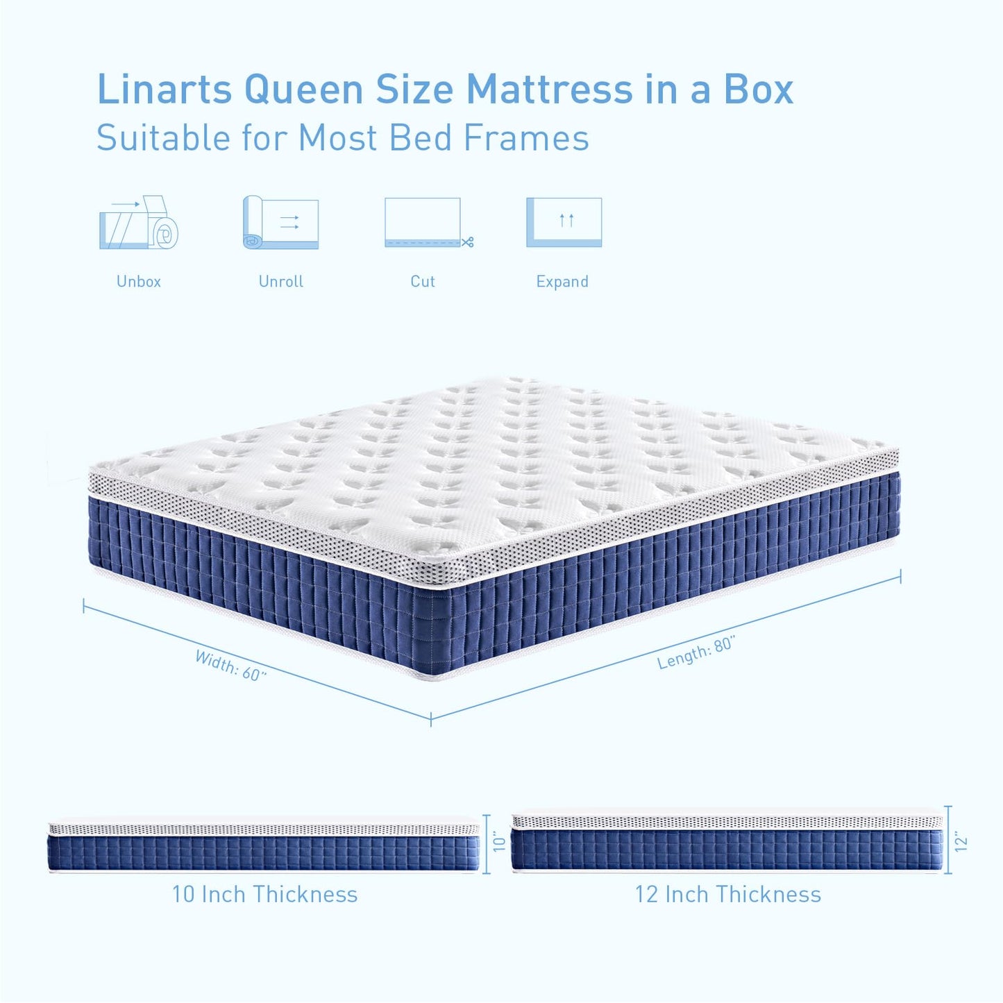 LINARTS Queen Mattress, 12 Inch Queen Size Hybrid Mattress in a Box with Pocket Spring & Soft Knitted Fabric for Comfort, Motion Isolation, Pressure Relief, Edge Support, Improve Sleep, Medium Firm