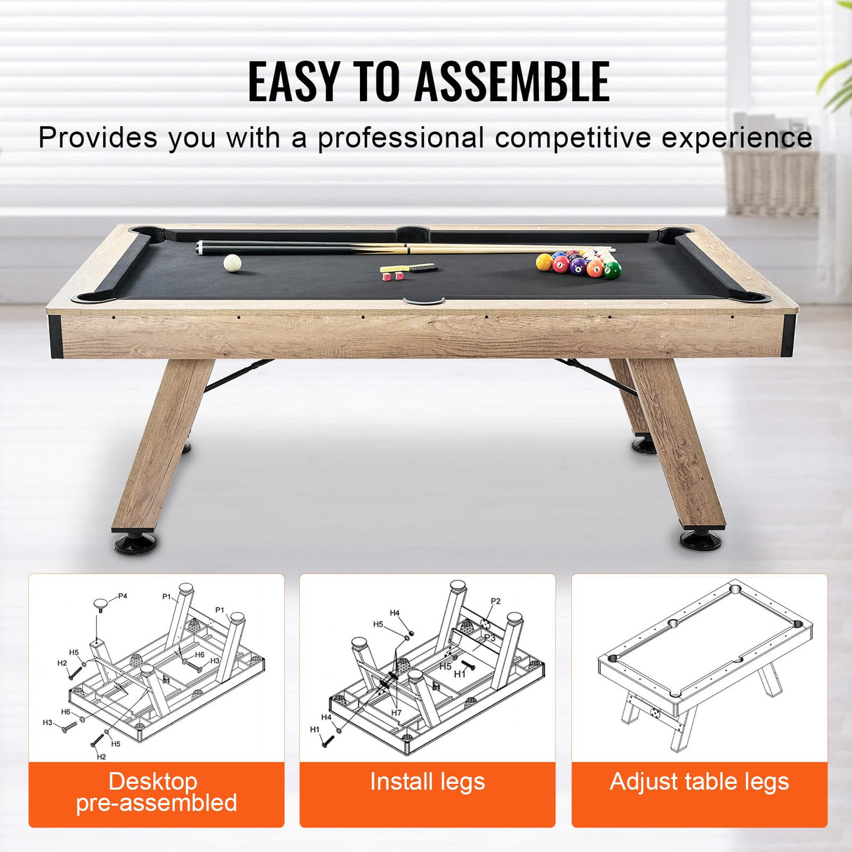 VEVOR Billiards Table, 7 ft Pool Table, Adjust Legs Stable Billiards Table, Pool Table Set Includes Balls, Cues, Chalks and Brush, Wood Color with Black Cloth, Perfect for Family Game Room Kids Adults VEVOR
