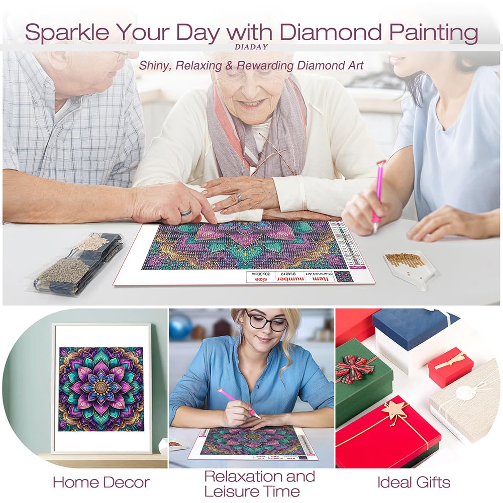 DIADAY 5D Mandala Diamond Painting Kits for Adults & Beginners, Diamond Art Kits, Full Drill Round Gems, DIY Dot Craft, Home Wall Decor Gift, 12x12 Inches DIADAY