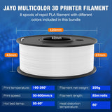 JAYO Rapid PLA 3D Printer Filament Bundle 2KG, High Speed PLA Filament 1.75mm 50mm/s - 600mm/s Print Range, 8 Pack 250g Spool Filament (Black, White, Blue, Red, Pink, Orange, Yellow, Olive Green) JAYO