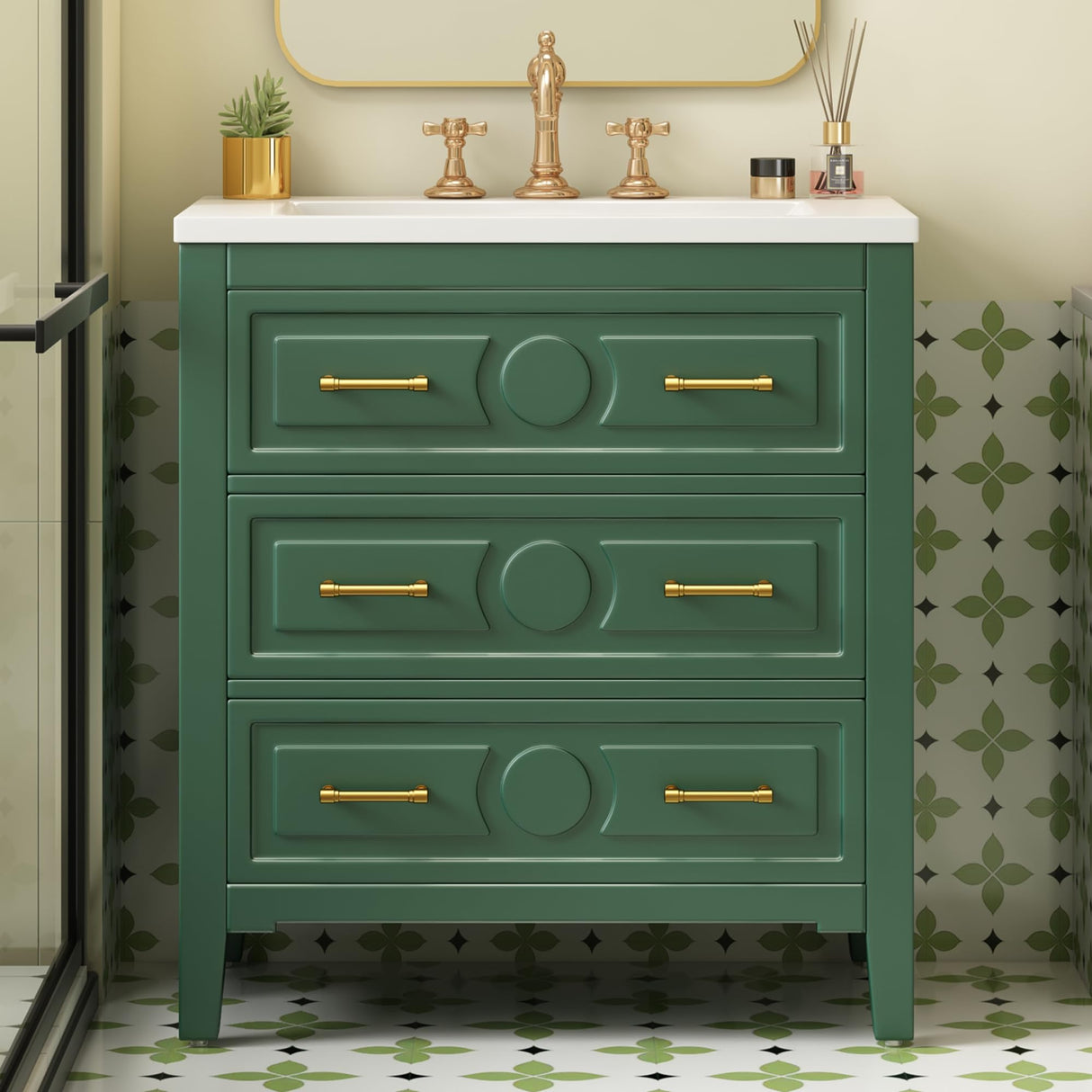 Merax 30" Bathroom Vanity with Sink Top, 3-Drawer Bathroom Vanity Storage Cabinet with Gold Pulls, Tip-Out Drawer, Solid Wood Frame Bath Storage Vanity with Ceramic Sink Merax