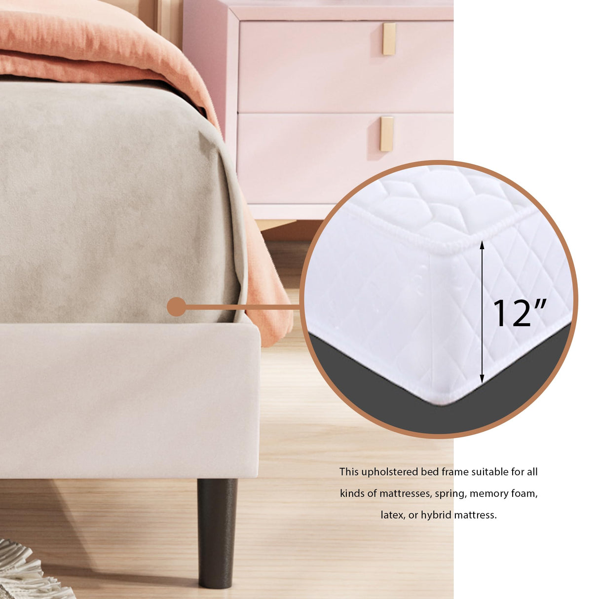 alazyhome Upholstered Full Size Beige Platform Bed Frame with Velvet Upholstered Headboard Wooden Slats Support No Box Spring Needed Easy Assembly alazyhome