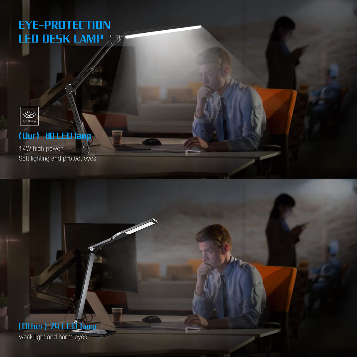 TROPICALTREE LED Desk Lamp, Swing Arm Desk Light with Clamp, 3 Lighting 10 Brightness Eye-Caring Modes, Reading Desk Lamps for Home Office 360°Spin with USB Adapter & Memory Function black-14W TROPICALTREE