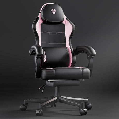 Dowinx Gaming Chair with Pocket Spring Cushion and Footrest, Ergonomic Game Chair with Massage Lumbar Support for Adults, High Back Leather Computer Chair for Office Gaming 300LBS, Pink Dowinx
