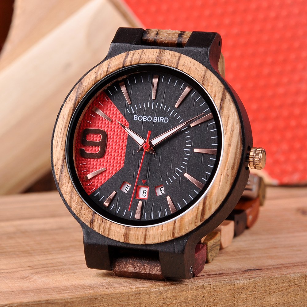 BOBO BIRD Men's Colorful Wooden Watches Analog Quartz Date Display Wood Watch Handmade Luxury Casual Wristwatch with Gifts Box for Men BOBO BIRD