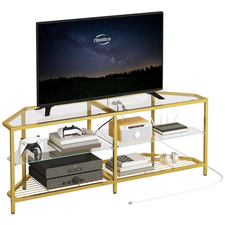 HOOBRO Corner TV Stand with Power Outlet for TVs up to 60", Modern 55" Corner TV Console Table with Open Shelves, Tempered Glass Media Entertainment Center for Living Room, Bedroom, Gold GD143UDS01 HOOBRO