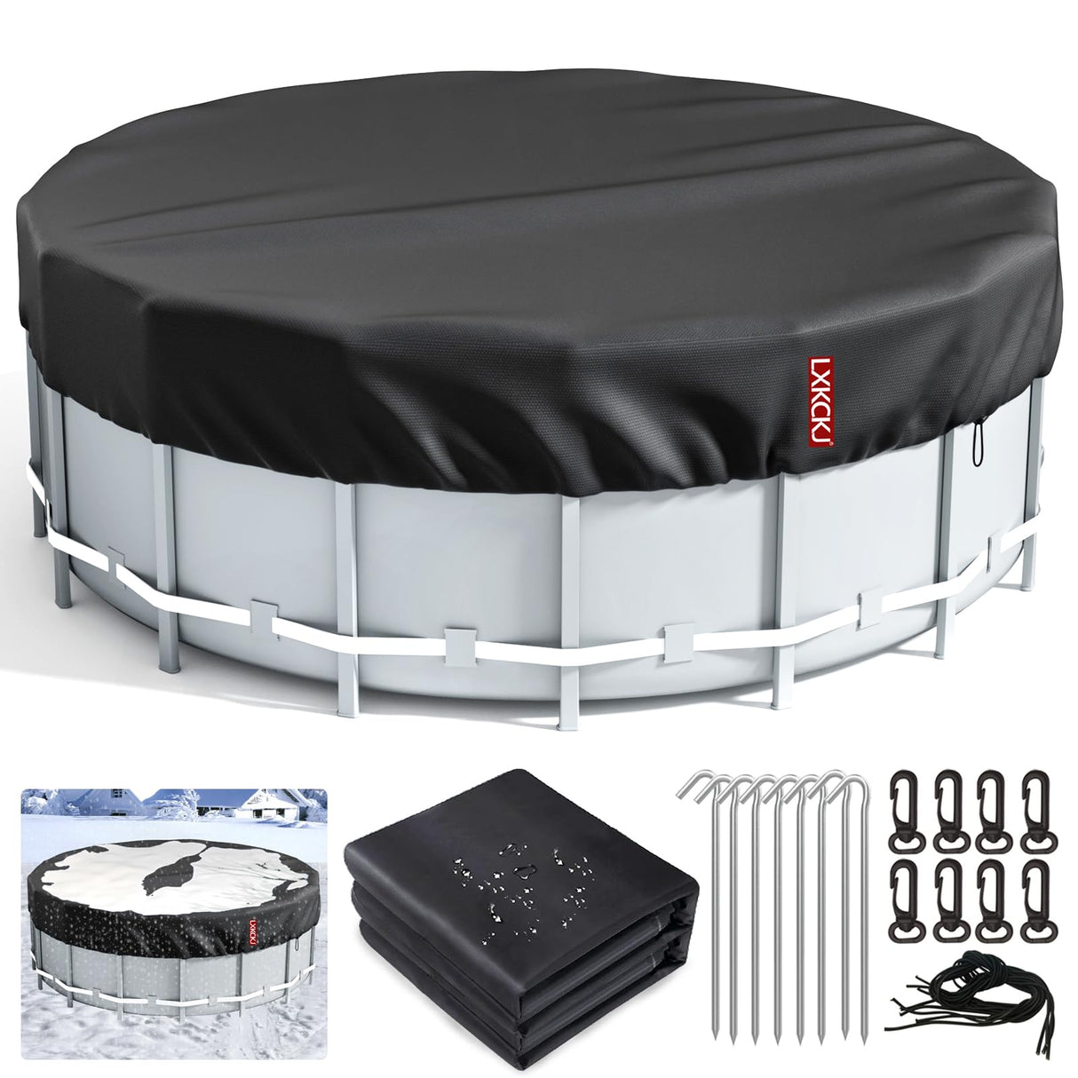 LXKCKJ 21 Ft Round Pool Cover, Winter Covers for Above Ground Pool, Winter Pool Cover Protector with Drawstring Design Increase Stability, PE Tarp Ideal for Waterproof and Dustproof (Black) LXKCKJ