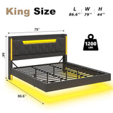 Floating Bed Frame King Size with Hidden Storage Space and Charging Station,Floating King Bed Frame with LED Light, RGB Light Fabric Platform Bed Floating,No Box Spring Needed,Easy Assembly,Dark Gray busyaeh