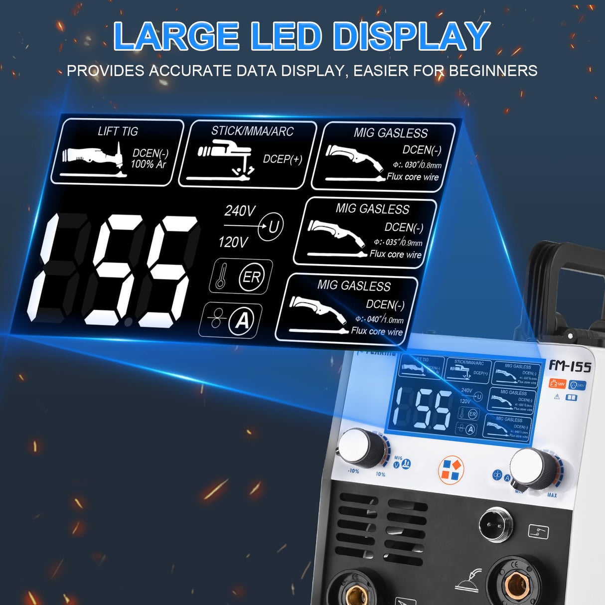 FLARING 155Amp MIG Welder, 110V Flux Core Welder Flux MIG/Lift TIG/Stick 3-in-1 Large LED Digital Display Welding Machine IGBT Inverter Gasless Welder Update FM155 FLARING
