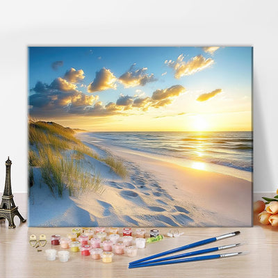 Seascape Paint by Numbers Kits DIY Coastal Art Paintings Crafts Scenic Coastal Landscape with Sand and Sea Grass Picture Adults Beginners Nature View Pattern Painting by Numbers Kits 16x20 in