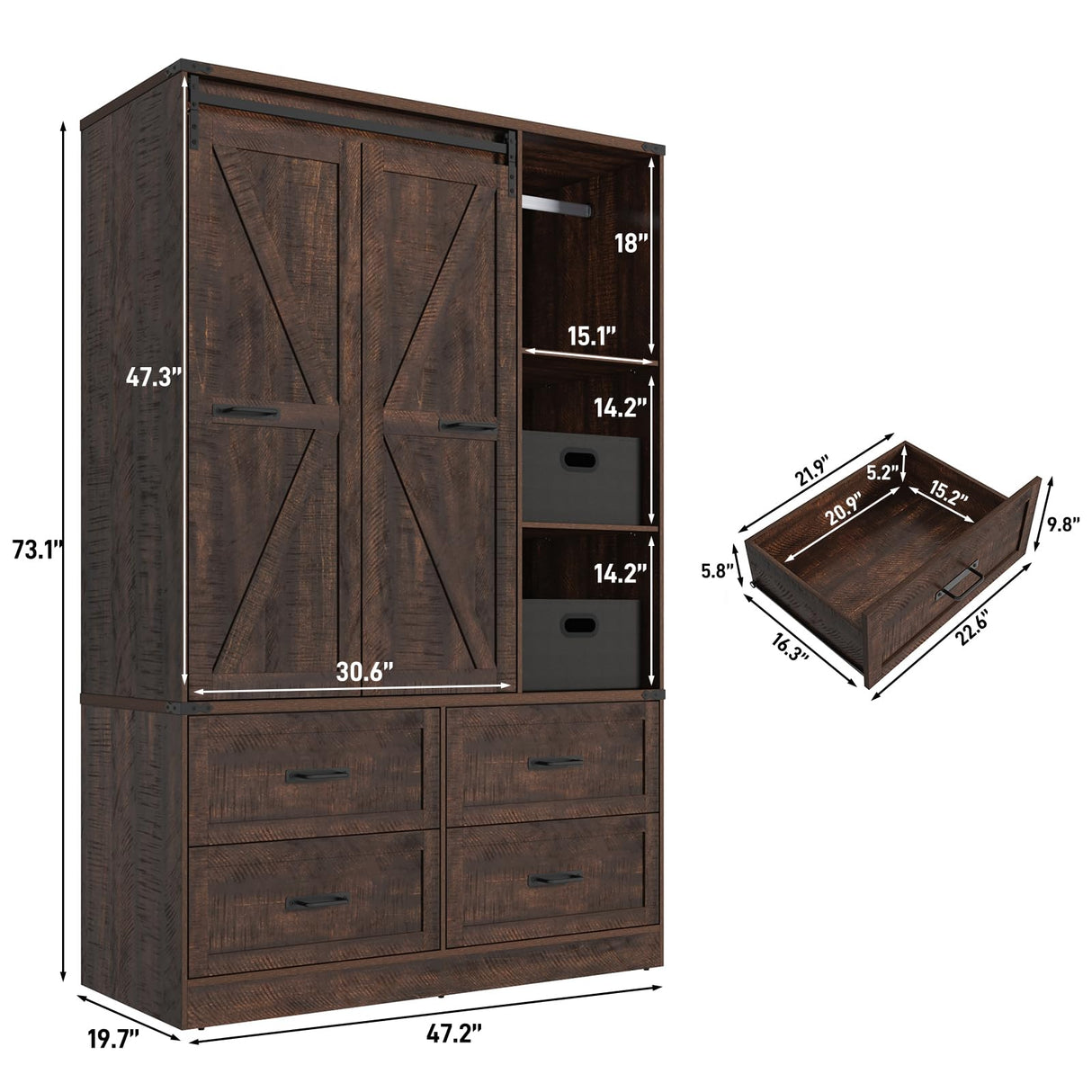 Farmhouse 3 Doors Armoire Wardrobe Closet w/Folding Sliding Barn Door and Lights, LED Armoire Closet w/Drawers for Bedroom, Freestanding Wooden Wardrobe Storage Closets w/Hanging Rod,Rustic Brown jiteentarou
