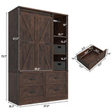 Farmhouse 3 Doors Armoire Wardrobe Closet w/Folding Sliding Barn Door and Lights, LED Armoire Closet w/Drawers for Bedroom, Freestanding Wooden Wardrobe Storage Closets w/Hanging Rod,Rustic Brown jiteentarou