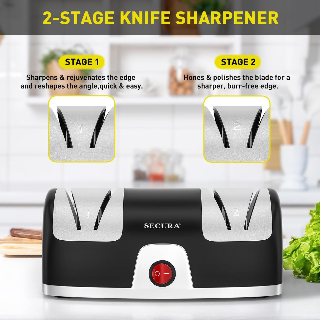 Secura 2-Stage Electric Knife Sharpener with Diamond Abrasives and Precision Angle Guides, Professional Sharpening Tool for Kitchen Straight Edge and Ceramic Knife, Black Secura