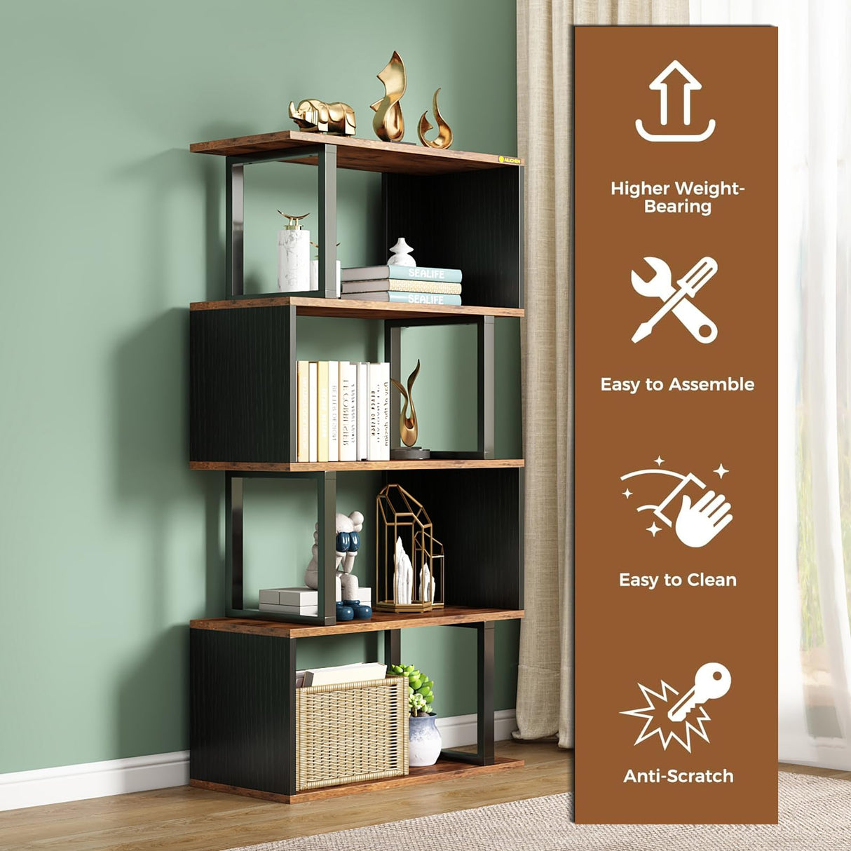 ALISENED 5 Tier Bookshelf, S Shaped Geometric Bookcase, Narrow Freestanding Display Shelves, Modern Wood Decorative Storage Rack for Bedroom, Living Room, Home Office, Black 5-Tier ALISENED