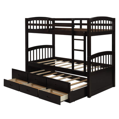 Harper & Bright Designs Twin Over Twin Bunk Bed with Ladder and Storage Drawers, Wood Bunk Bed with Safety Rail and Trundle for Kids Teens Adults, No Box Spring Required (Espresso)