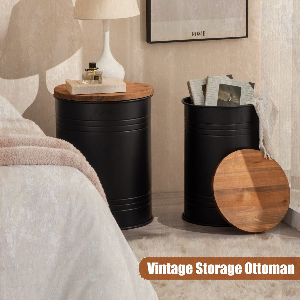 Poofzy Farmhouse End Tables Set of 2, Galvanized Metal Decor Side Table with Wood Lid, Coffee Table Storage Stool for Living Room (Black) Poofzy