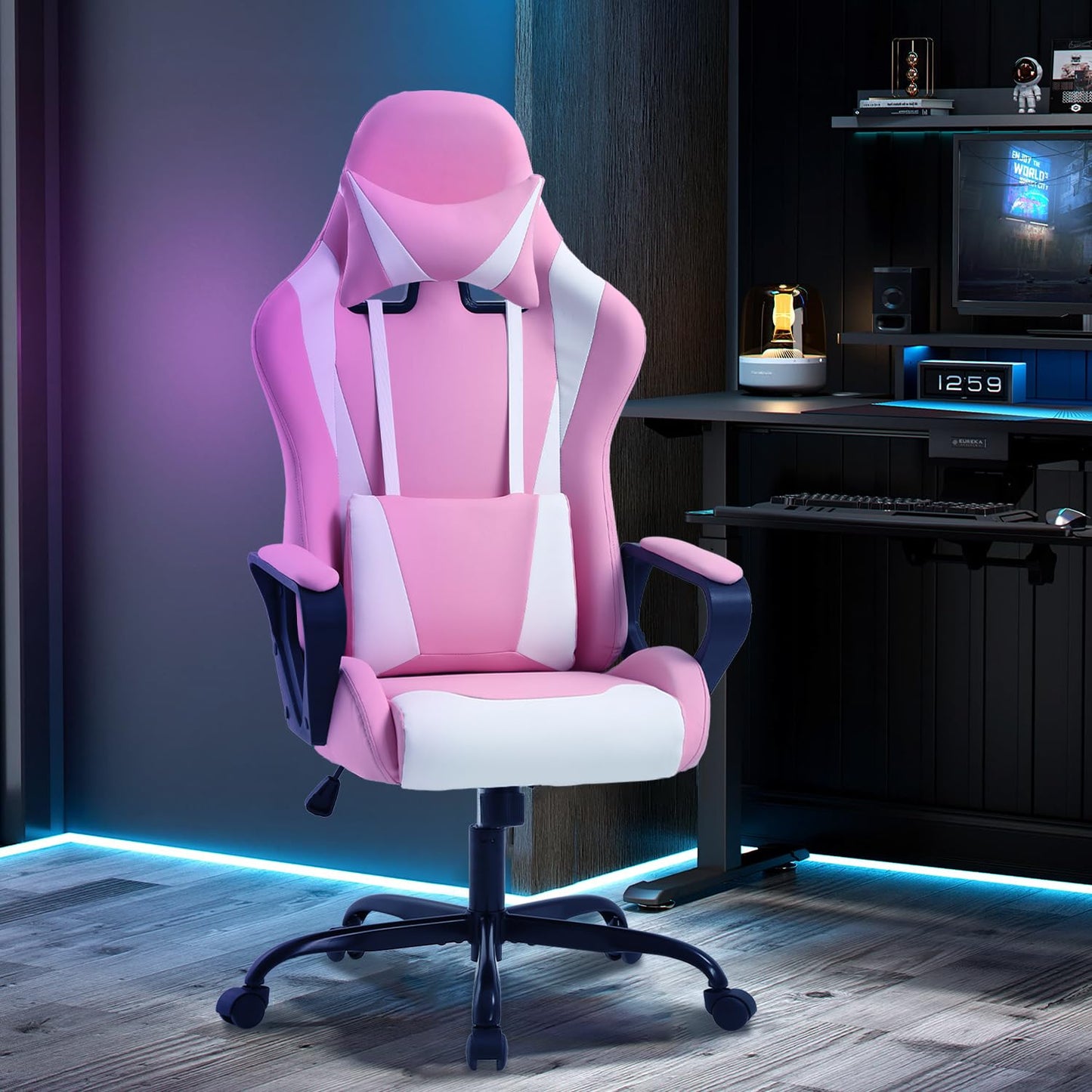 Pink Gaming Chair High-Back Office Chair Ergonomic Video Game Chairs Height Adjustable Reclining Computer Chair with Lumbar Support Armrest Headrest Swivel Chair Game Chair for Adult Teen - Pink