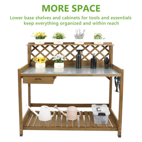 PetsCosset Garden Potting Benches & Tables,Outdoor Wooden Work Station W/Metal Table Top,Drawer,Large Bottom Shelf,Open Shelf Natural Wood-Natural Stained PetsCosset