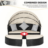Outdoor Round Daybed Patio Bed Wicker Patio Furniture Outdoor Day Bed with Retractable Canopy Rattan Separated Seating Khaki Washable Cushioned and Three Pillow for Patio Backyard Porch Pool PayLessHere