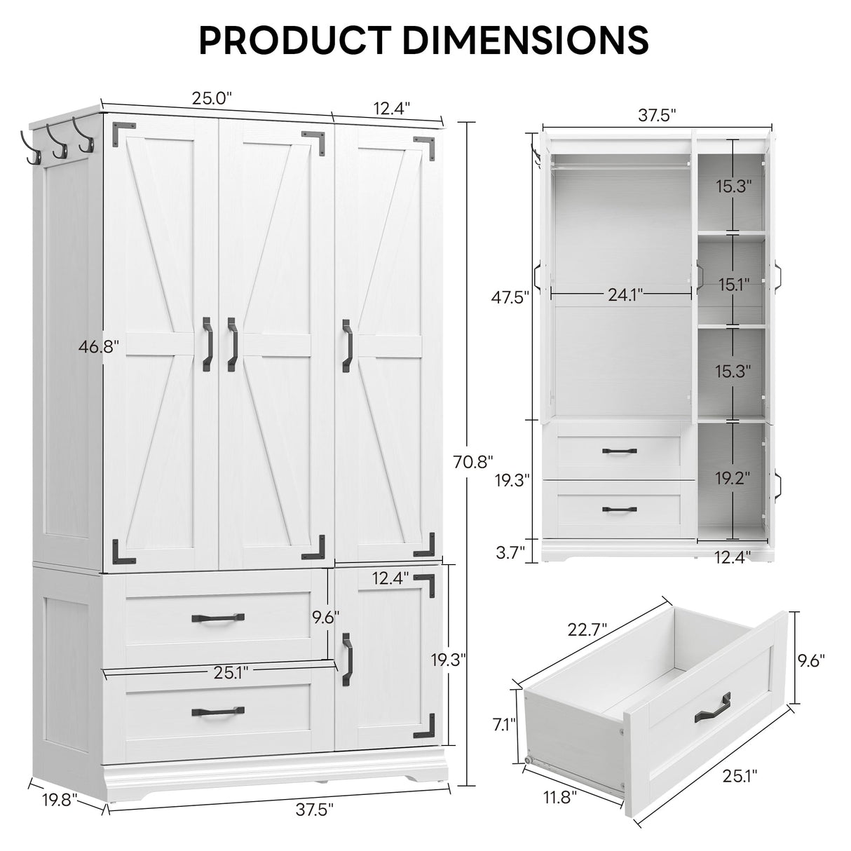 LIKIMIO Armoire Wardrobe Closet 71" H, Bedroom Wooden Wardrobe with 4 Doors and 2 Drawers, Farmhouse Clothing Storage Cabinet Combination with Hanging Rod, Shelves, and Hooks, White LIKIMIO