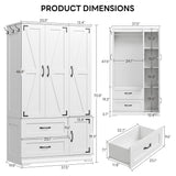 LIKIMIO Armoire Wardrobe Closet 71" H, Bedroom Wooden Wardrobe with 4 Doors and 2 Drawers, Farmhouse Clothing Storage Cabinet Combination with Hanging Rod, Shelves, and Hooks, White LIKIMIO