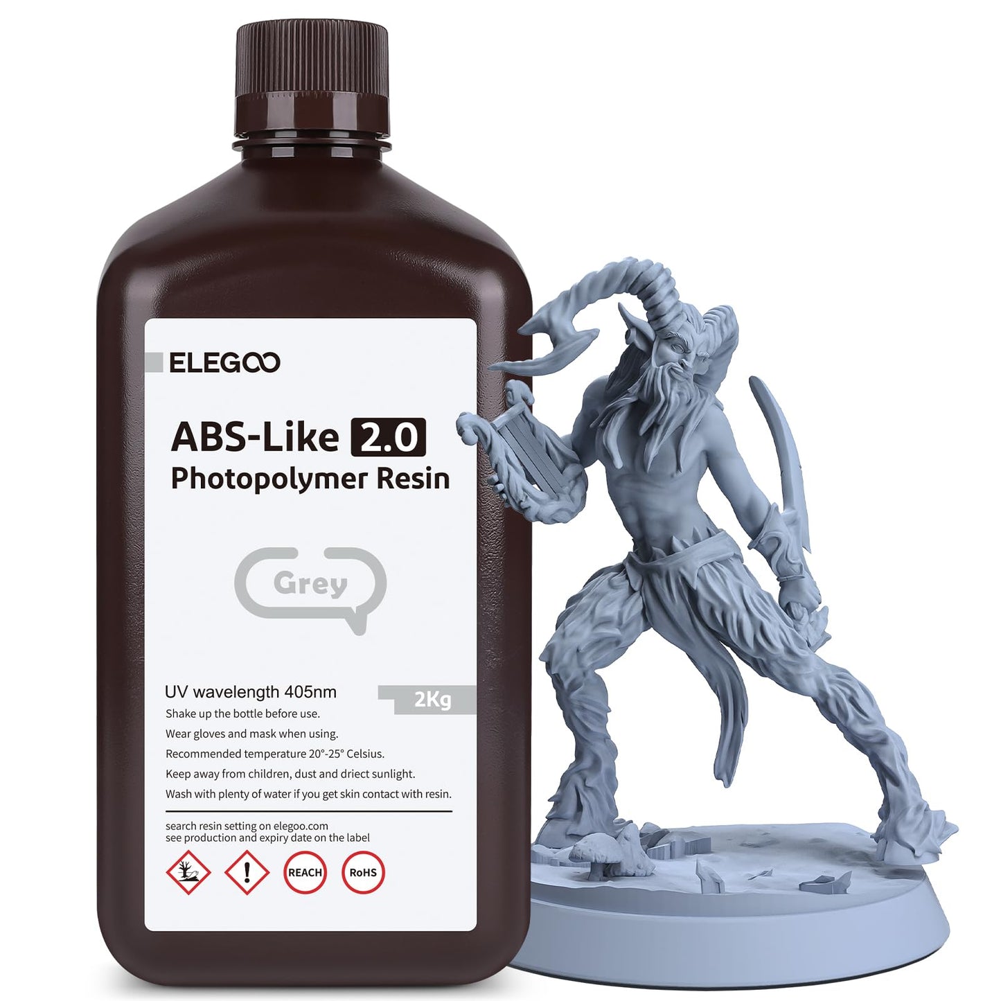 ELEGOO Upgraded ABS-Like 3D Printer Resin 2.0, 405nm UV-Curing LCD Resin High Precision Fast Curing Non-Brittle Photopolymer Resin for LCD Printing Grey 2KG