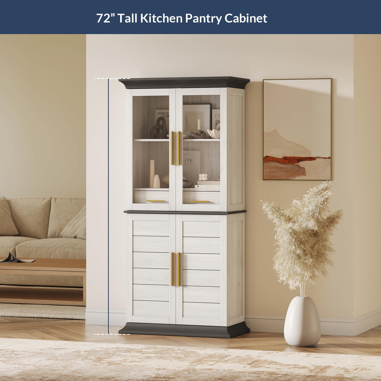 BELLEZE 72" Tall Kitchen Pantry, Large Storage Cabinet with Doors and Shelves, 2 Built-in Drawers, Freestanding Hutch Cabinet with Storage for Kitchen,Dining Room and Living Room (White) BELLEZE