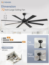 ZMISHIBO 72 Inch Ceiling Fan No Light with Remote Control, 8 Blades Quiet DC Reversible Motor, 6-Speed, Timer, Black Finish, Indoor Outdoor Ceiling Fans for Patios, Living Room, Garage ZMISHIBO