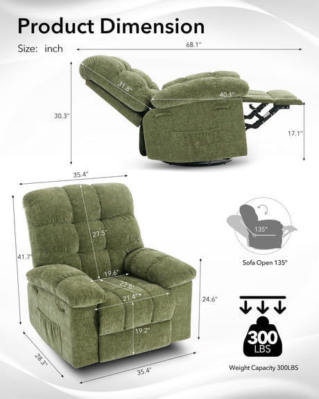 Oversized Swivel Rocker Recliner Chair for Adult, 360° Swivel Rock Recliner, Extra Wide Manual Recliners, Chenille Upholstery Overstuffed Soft Rocking Sofa Chair,Green LIZHOUMIL
