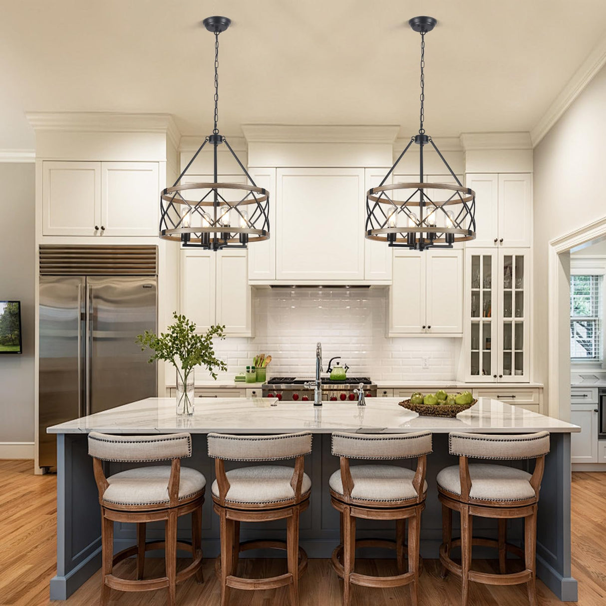 Farmhouse Chandelier for Dining Room 4-Light Rustic Chandeliers Imitation Wood Grain Pendant Light Fixture Modern Industrial Chandelier for Kitchen Island Entryway Foyer Bedroom Hallway，E26 Metal TCWGAUI