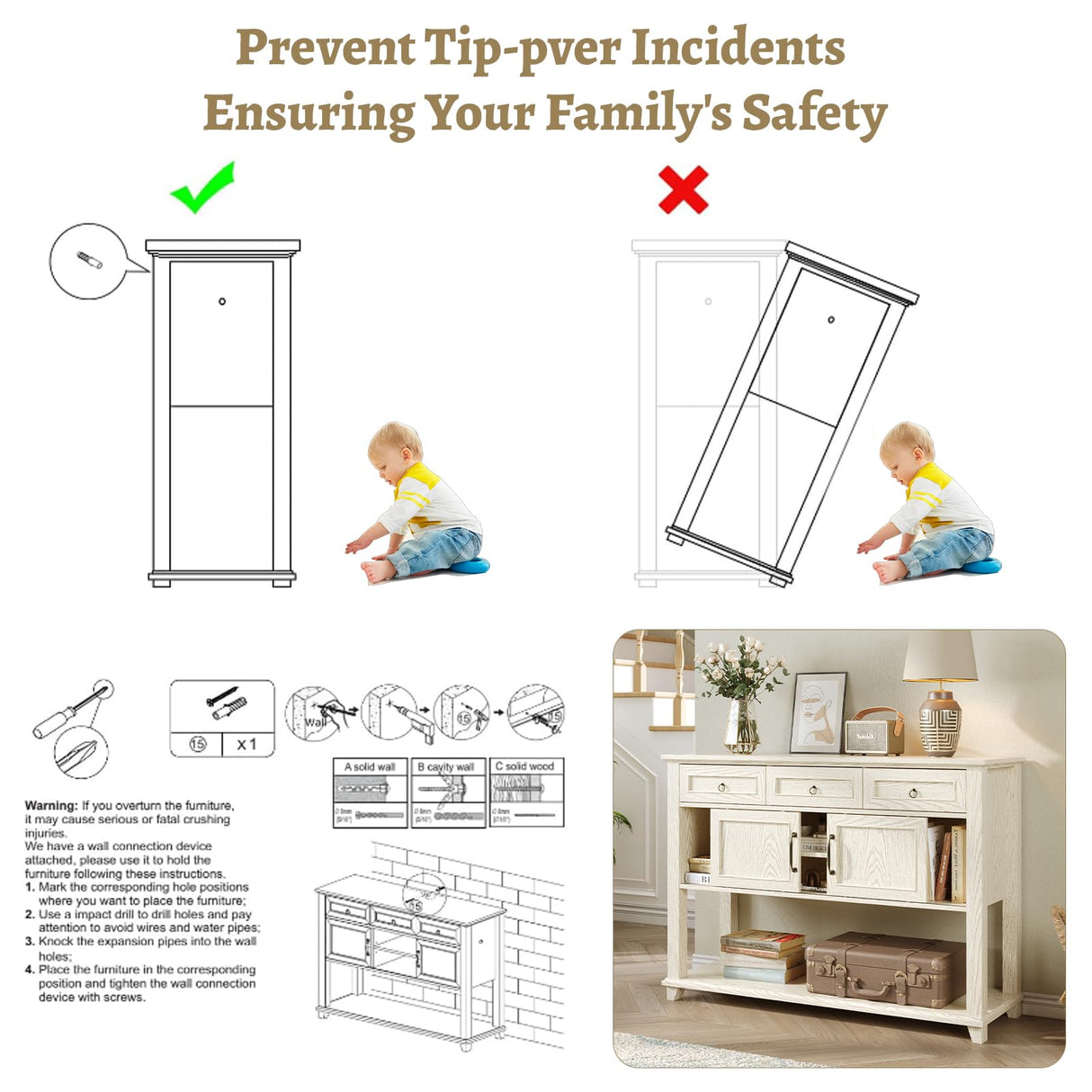 Vabches Entryway Table with 2 Sliding Barn Doors, 47" Farmhouse Console Table with Storage and 3 Drawers, Wood Rustic Sofa Table for for Living Room, Entryway, Hallway, White Grey Oak Vabches