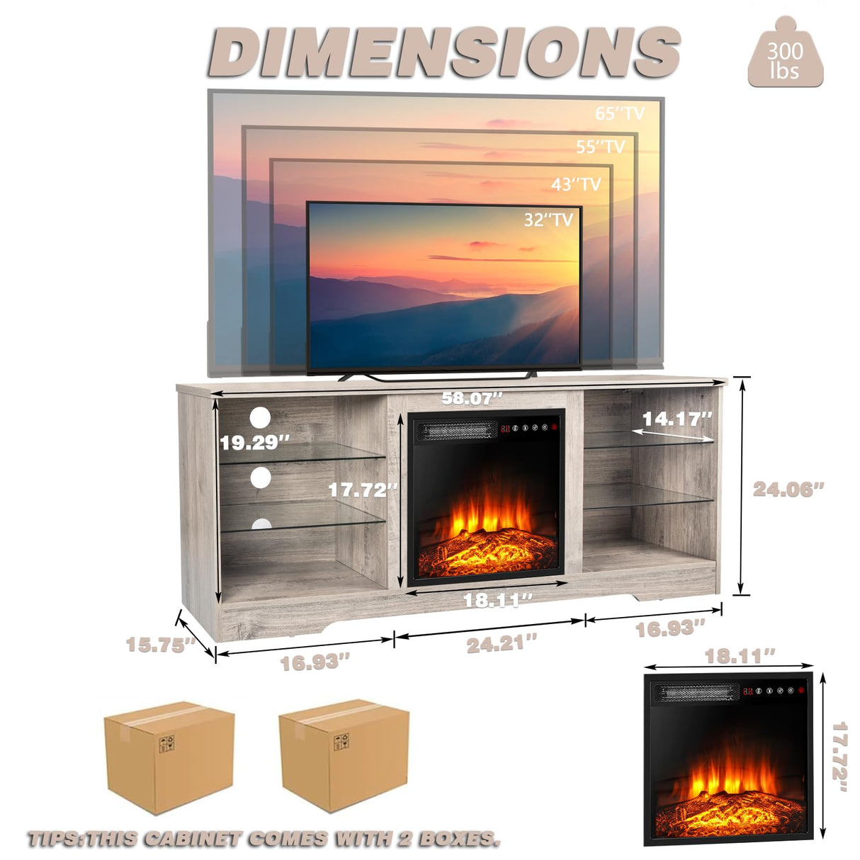 LEMBERI 58 Inches Fireplace TV Stand for TVs up to 65 Inches Console with 18'' Electric Fireplace & Remote, Wooden Modern Entertainment Center for Living Room with LED Light Glass Shelves (Grey) LEMBERI