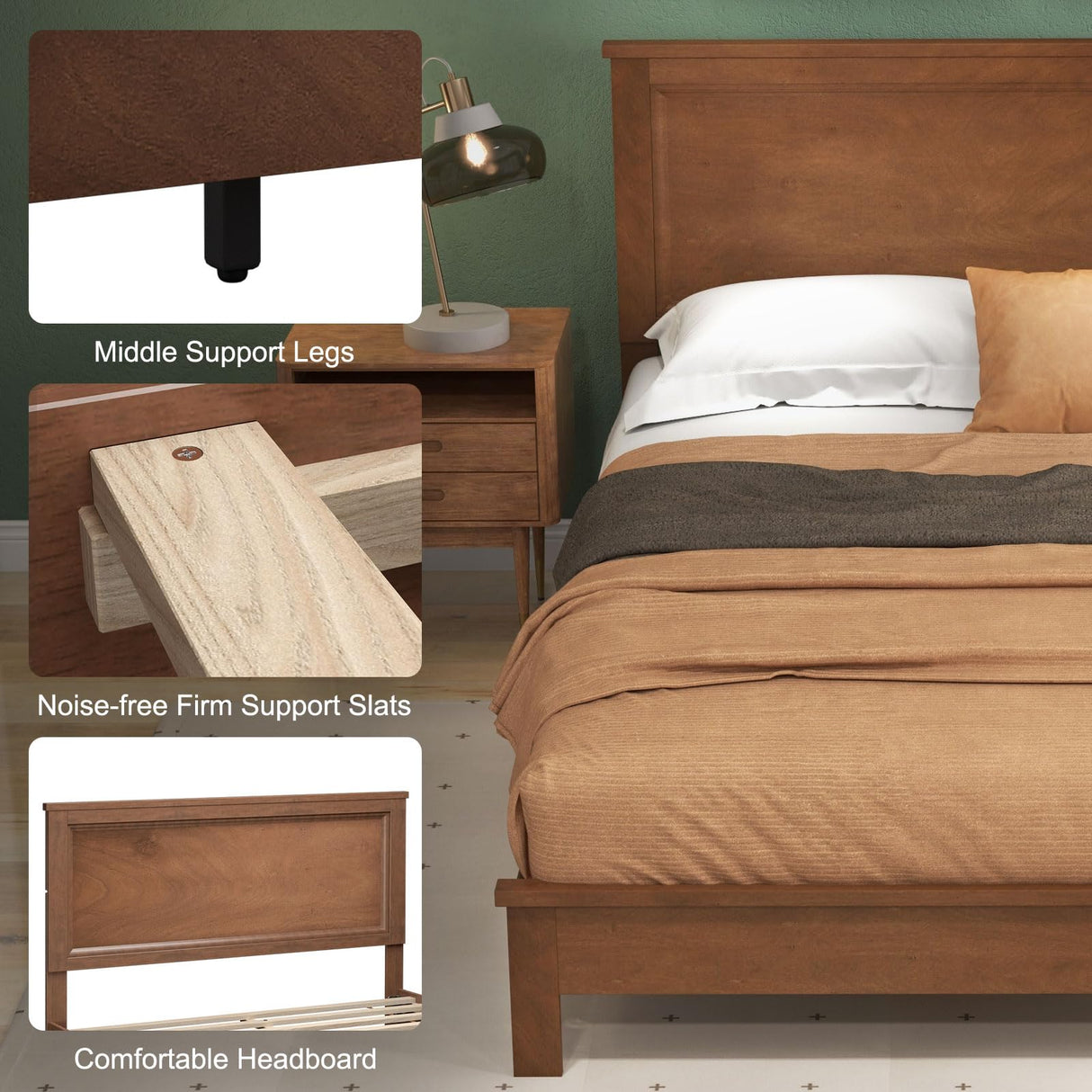 Giantex Mid Century Walnut Queen Platform Bed Frame with Elegant Headboard and Solid Wood Support Giantex