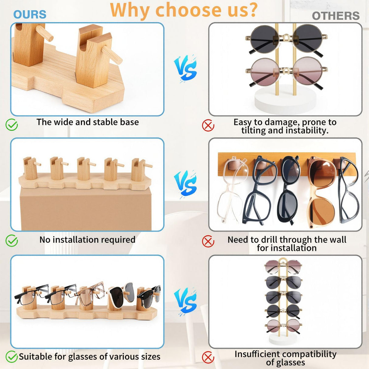VOREN Beechwood Sunglasses Organizer Stand – Premium Eyeglass Storage Rack for 5 Pairs | Stable, No-Assembly Glasses Holder & Sunglass Display for Desk, Counter VOREN