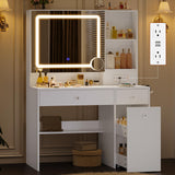 UPOSOJA Vanity Desk with Mirror and Lights,Power Outlet,3 Drawers,Pull-Out LED Mirror with 3 Light Modes,Brightness Adjustable,Rolling Makeup cart,Crystal Handles, hairdryer Rack,White UPOSOJA