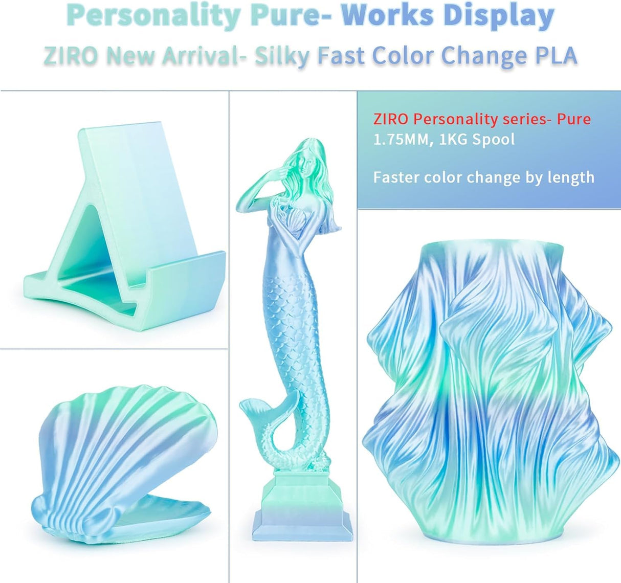 ZIRO Silk Fast Color Changing PLA Filament, Shine Multi Colors Filament 1.75mm, Color Change by Length 3D Printer Filament, Dimensional Accuracy +/-0.03mm, Fit Most 3D Printers, Personality Pure, 1KG ZIRO