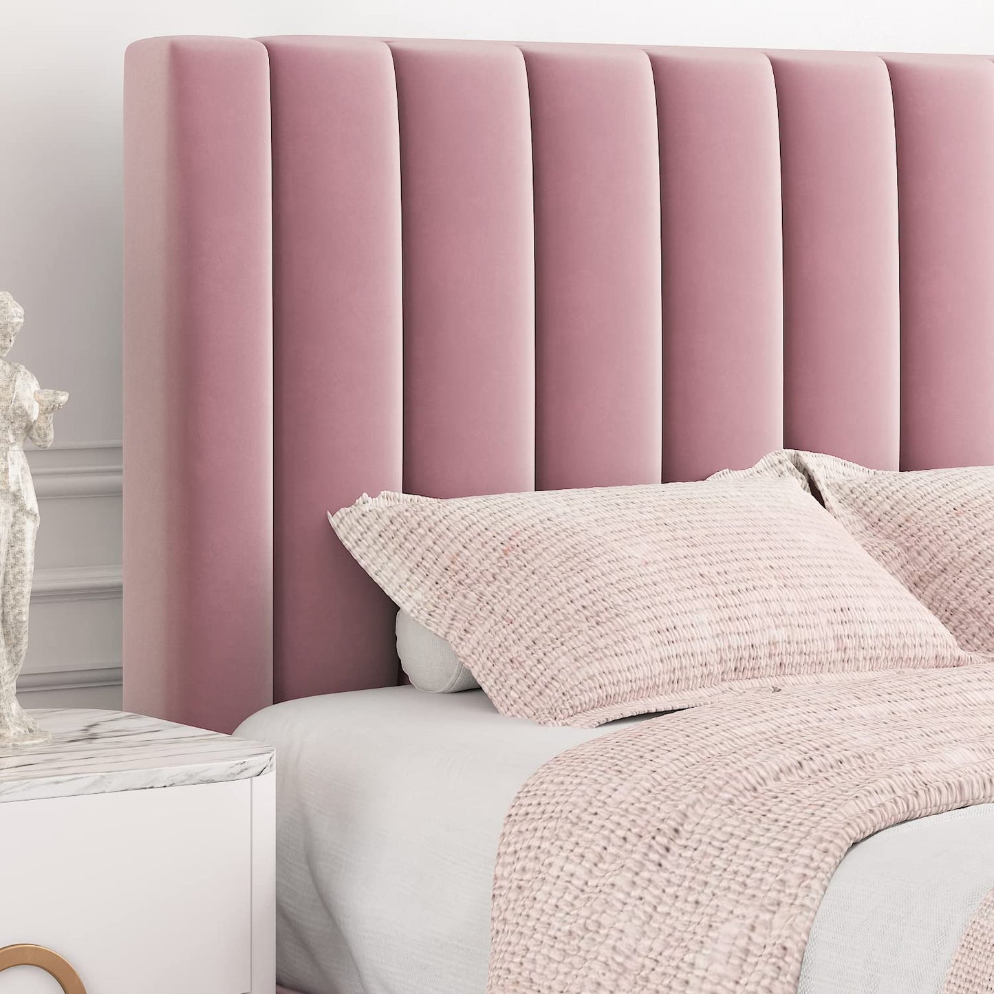 Allewie King Platform Bed Frame/Velvet Upholstered Bed Frame with Vertical Channel Tufted Headboard/Strong Wooden Slats/Mattress Foundation/Box Spring Optional/Easy Assembly/Pink