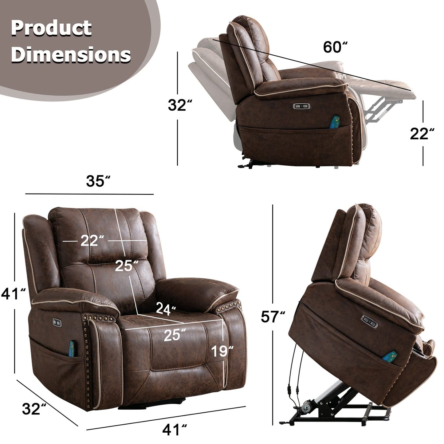 CANMOV Dual Motor Large Power Lift Recliner Chairs with Massage and Heat for Elderly Big People, Electric Faux Leather Recliner with Adjustable Headrest, 2 Concealed Cup Holders, USB Ports, Nut Brown