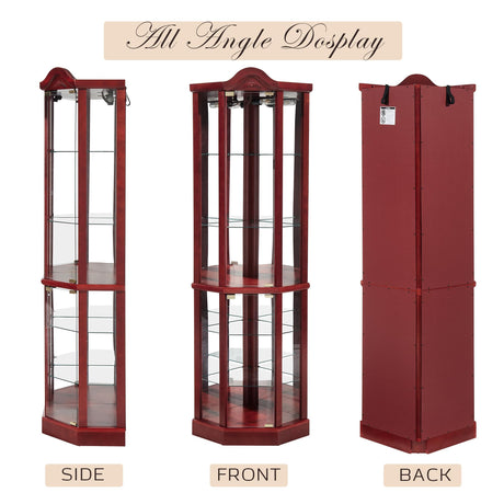 Eyisean Lighted Corner Curio Cabinet with Tempered Glass Doors and Shelves, 72" H Glass Display Cabinet with Curved Top Carving, Light Bulb Included, Rack for Liquor Storage and Living Room (Cherry) Eyisean