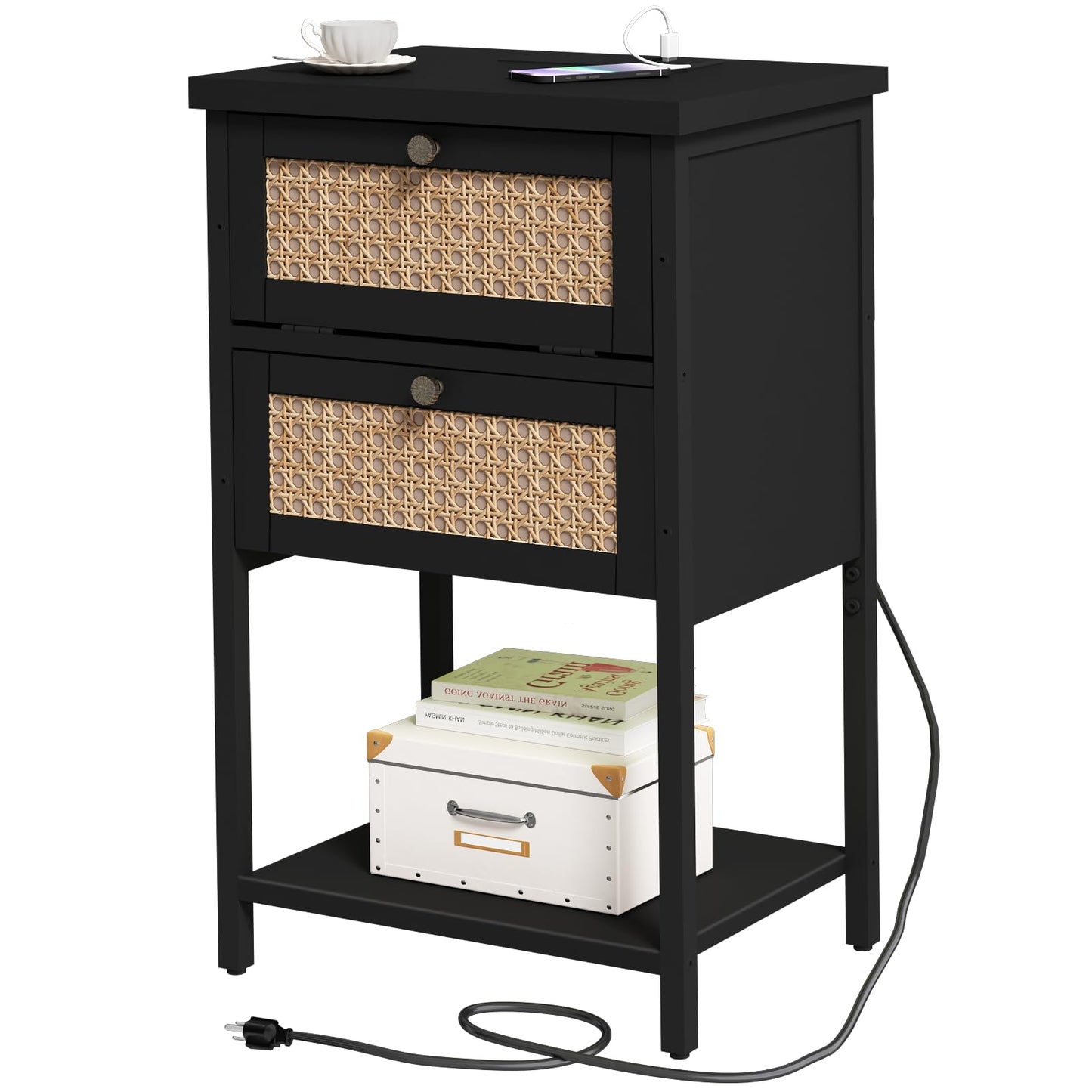 End Table with Charging Station, 2 Tier Rattan Decorated Nightstand with USB Ports and Outlets, Bedside Table with Drawer, Black Modern Sofa Side Table for Bedroom, Living Room, Office
