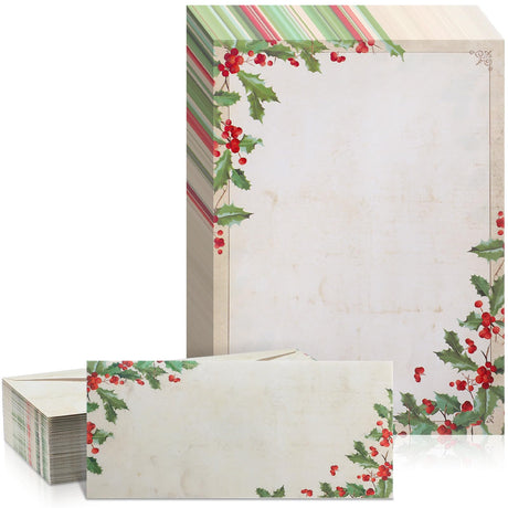 Weekgrat 80 Sets Christmas Stationery Paper with Envelopes 8.5 x 11 Inch Christmas Holiday Paper Envelopes for Holiday Events Notes Invitation Office(Falling Holly) Weekgrat