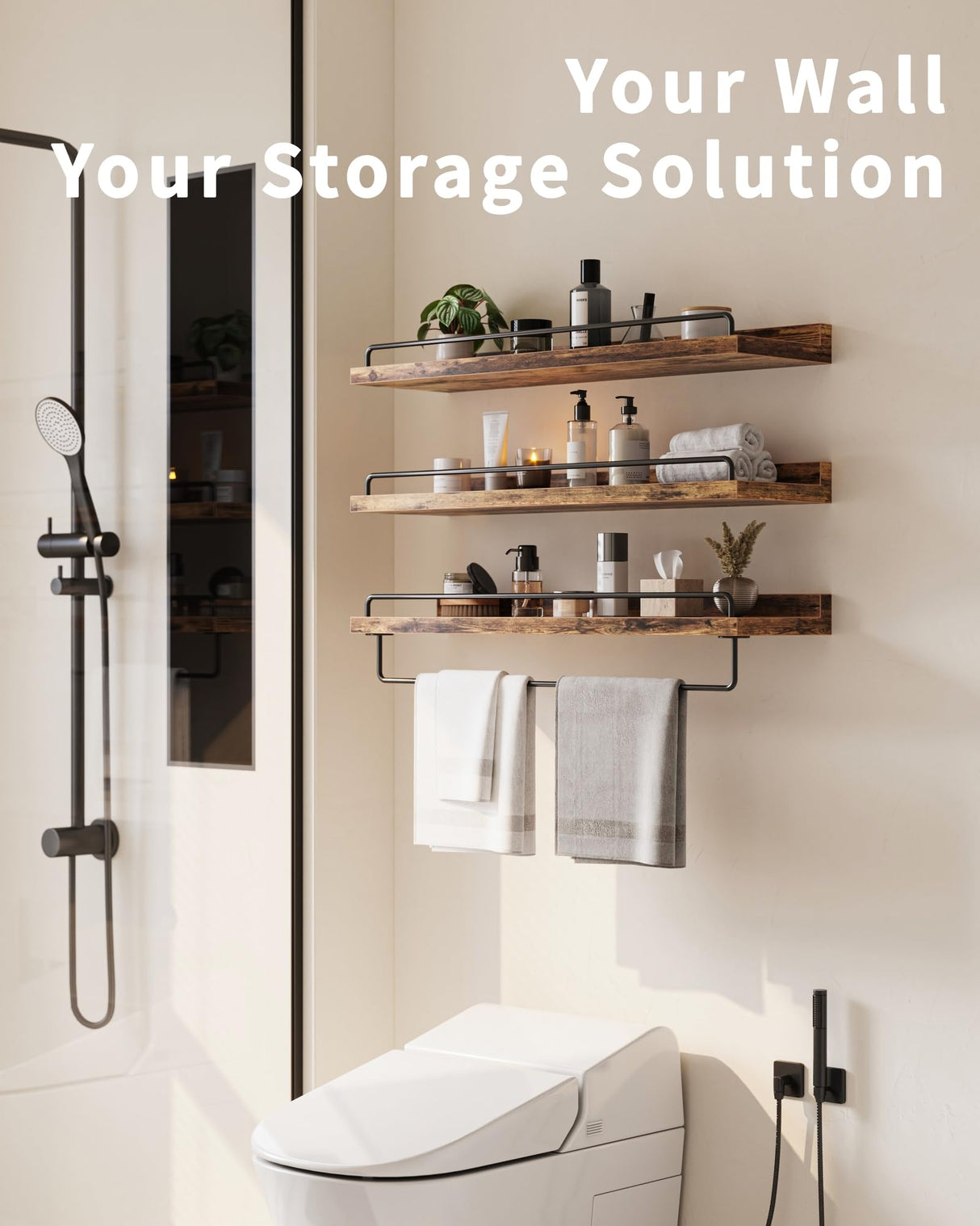 Seocry Bathroom Shelves, Wall Shelf Set of 3, Floating Shelves, Shelves for Room Wall, Bathroom Decor (Rustic Brown, 23 Inches) Seocry