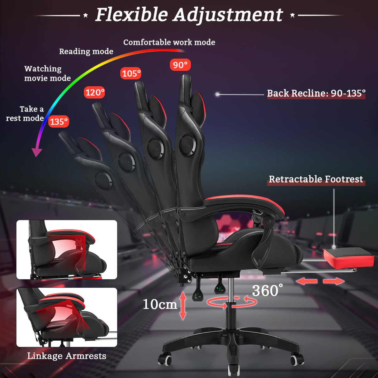 Gaming Chair with Speakers and LED Lights Ergonomic Computer Chair with Massage and Footrest Reclining Video Game Chair for Adults with Adjustable Lumbar Support Red and Black VANSPACE