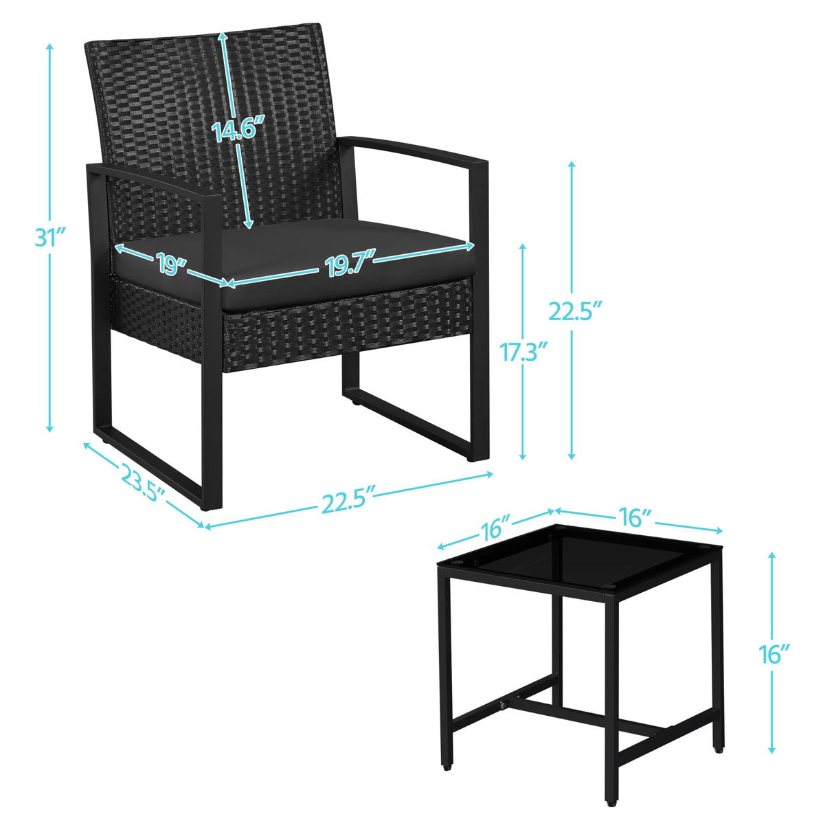 Yaheetech 3 Pieces Rattan Bistro Set, Indoor/Outdoor Wicker Patio Modern Conversation Furniture, 2 Chairs & Tempered Glass Coffee Table for Garden, Balcony, Backyard, Poolside, Black Yaheetech