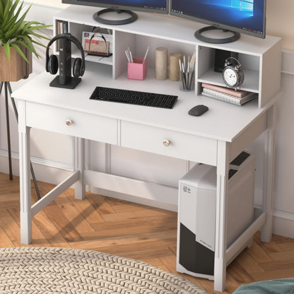 WiberWi Computer Desk with Drawers and Hutch, 43.3 inch White Home Office Desks Small Makeup Vanity Desk Table with Storage for Small Spaces Bedroom, Writing Desk Study Table - WoodArtSupply