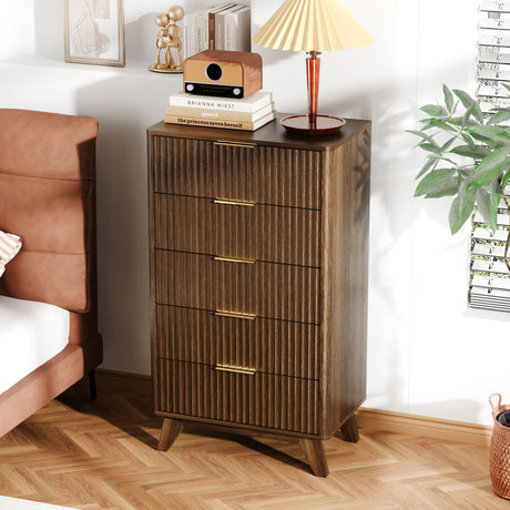 VINGLI Fluted Tall Dresser 5 Drawer, 23.66" W Chest of Drawers, Walnut Wood Dresser for Bedroom Mid Century Modern with Rounded Edge, 23.66" W*15.59" D*44.88" H VINGLI