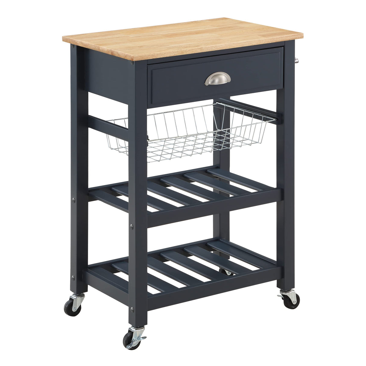 OSP Home Furnishings Hampton Kitchen Cart with Wood Top, Utensil Drawer, Under Cabinet Basket, and 2 Slatted Shelves, Blue Stone Base Office Star Products